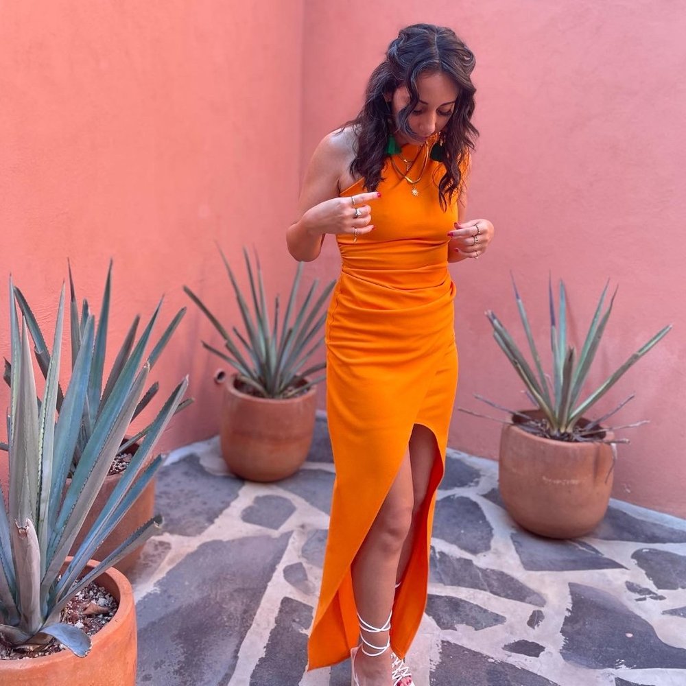 Orange/Coral Long Wedding Guest Dress Sz 4